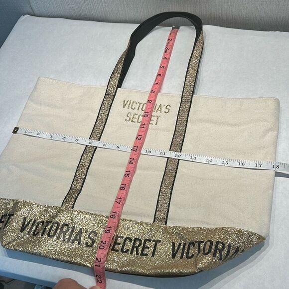 Victoria's Secret VS Canvas Tote Bag Metallic Glitter Gold Spellout Zip Top - Picture 6 of 7